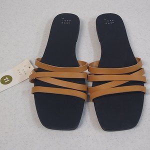 A New Day Sandals Tan/Joan Size 11 Women's Embossed Strappy Slide On Sandals NWT